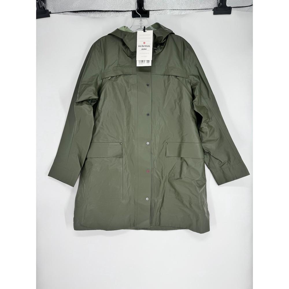 Lululemon Into The Drizzle Jacket Long Rain Coat Womens 10 Waterproof Hooded